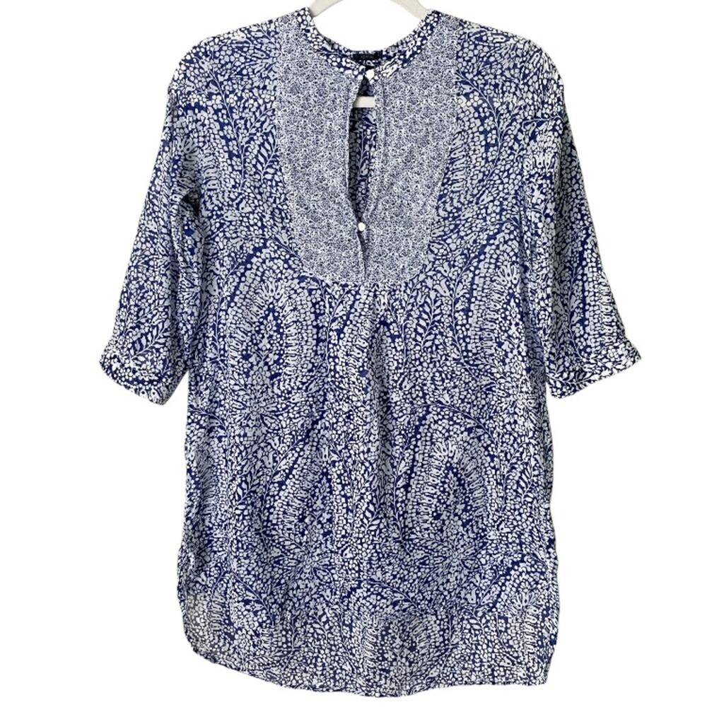 J. Crew | Floral Paisley Popover Tunic Top Semi-Sheer Summer Blue White XXS